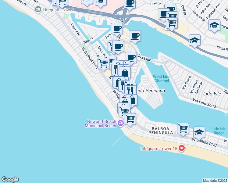map of restaurants, bars, coffee shops, grocery stores, and more near 2727 Newport Boulevard in Newport Beach