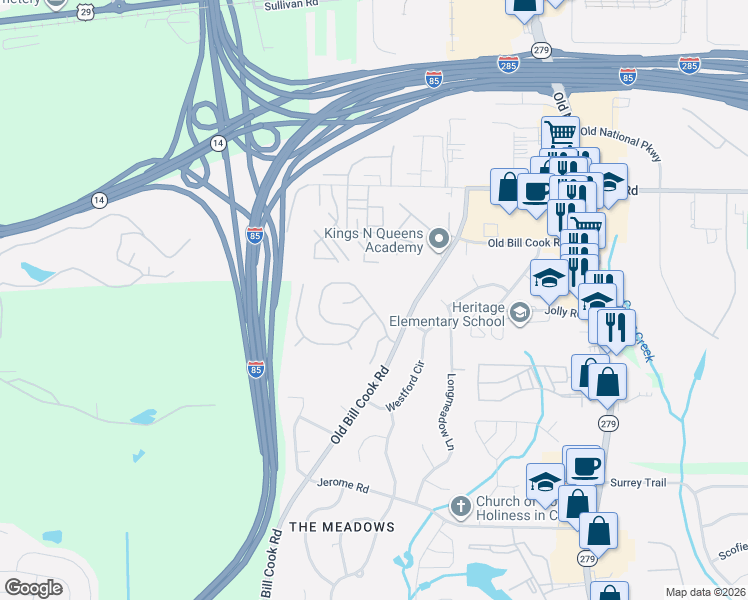 map of restaurants, bars, coffee shops, grocery stores, and more near 5295 Sand Bar Lane in College Park