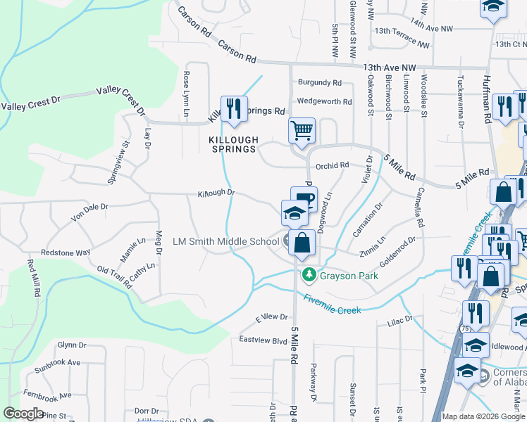 map of restaurants, bars, coffee shops, grocery stores, and more near 361 Killough Drive in Birmingham