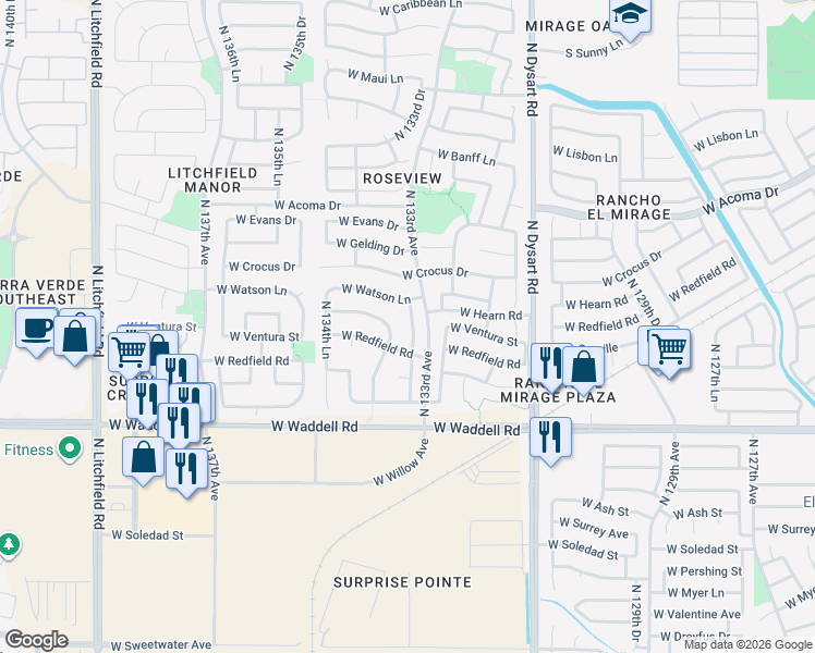 map of restaurants, bars, coffee shops, grocery stores, and more near 14154 North 133rd Drive in Surprise