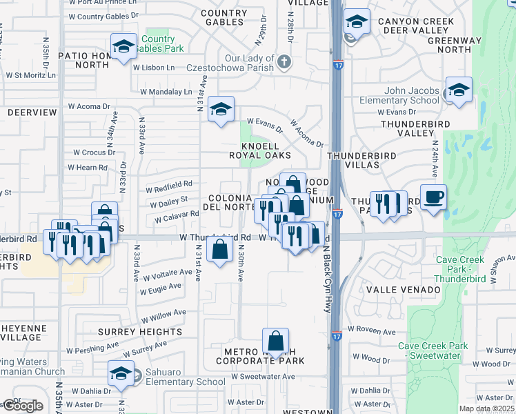 map of restaurants, bars, coffee shops, grocery stores, and more near 2990 West Thunderbird Road in Phoenix