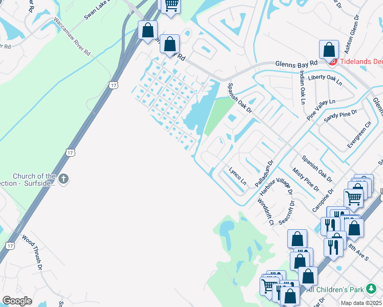 map of restaurants, bars, coffee shops, grocery stores, and more near 8885 Grove Park Drive in Myrtle Beach