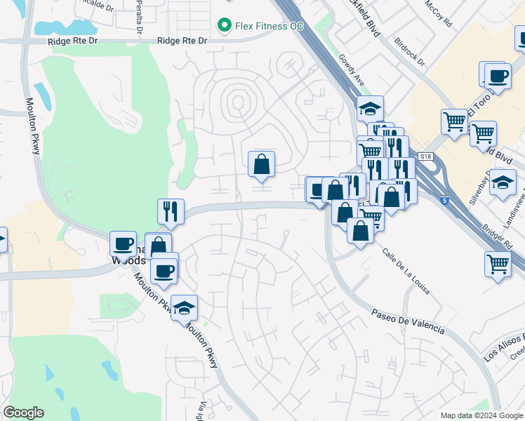 map of restaurants, bars, coffee shops, grocery stores, and more near in Laguna Woods