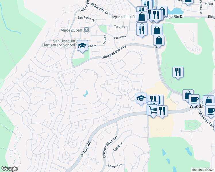 map of restaurants, bars, coffee shops, grocery stores, and more near 3154 Alta Vista in Laguna Woods