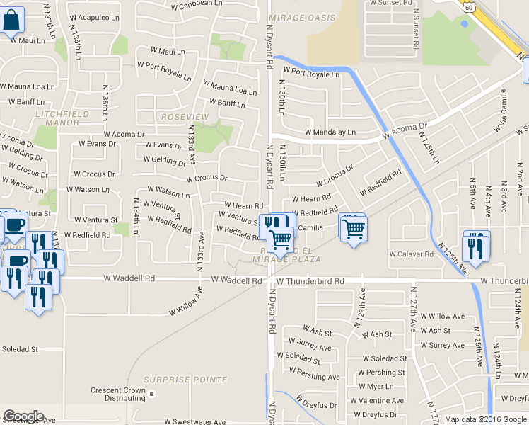 map of restaurants, bars, coffee shops, grocery stores, and more near 14185 North Gil Balcome Court in Surprise