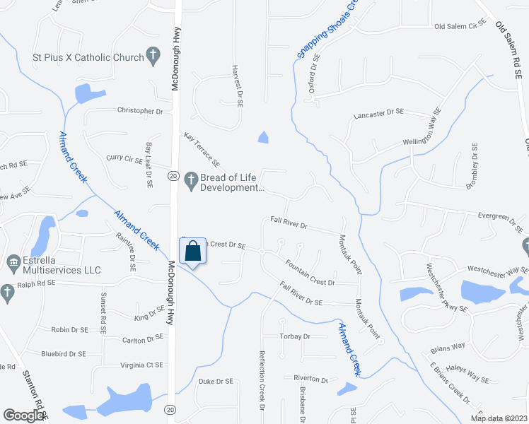 map of restaurants, bars, coffee shops, grocery stores, and more near 1415 Fall River Drive in Conyers