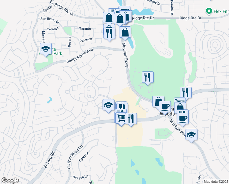 map of restaurants, bars, coffee shops, grocery stores, and more near 24111 Moulton Parkway in Laguna Woods