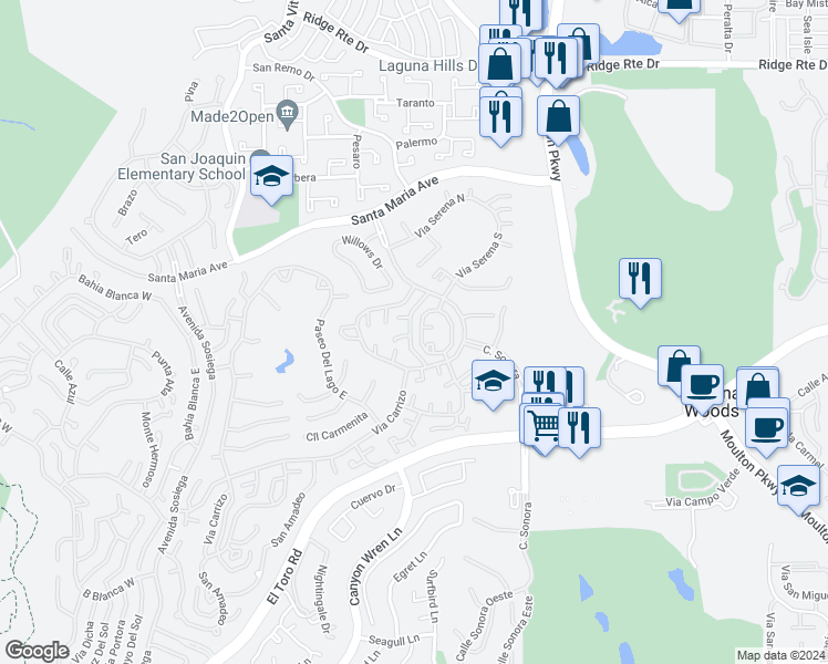 map of restaurants, bars, coffee shops, grocery stores, and more near 3168 Via Vista in Laguna Woods