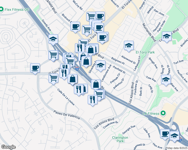 map of restaurants, bars, coffee shops, grocery stores, and more near 24402 Highpine Road in Lake Forest