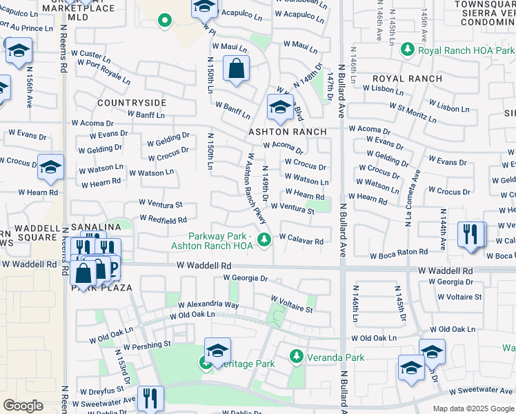 map of restaurants, bars, coffee shops, grocery stores, and more near 14916 West Ventura Street in Surprise