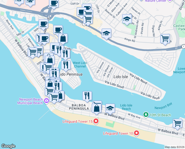 map of restaurants, bars, coffee shops, grocery stores, and more near 359 Via Lido Soud in Newport Beach