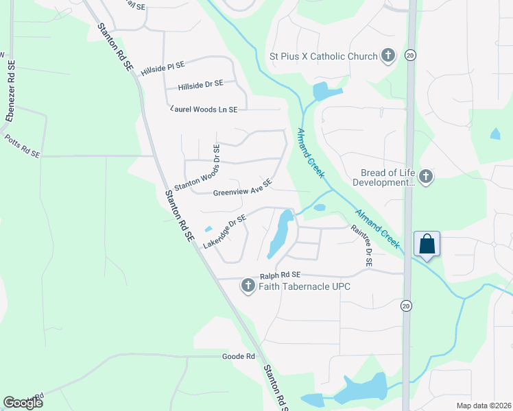 map of restaurants, bars, coffee shops, grocery stores, and more near 662 Lakeridge Drive Southeast in Conyers