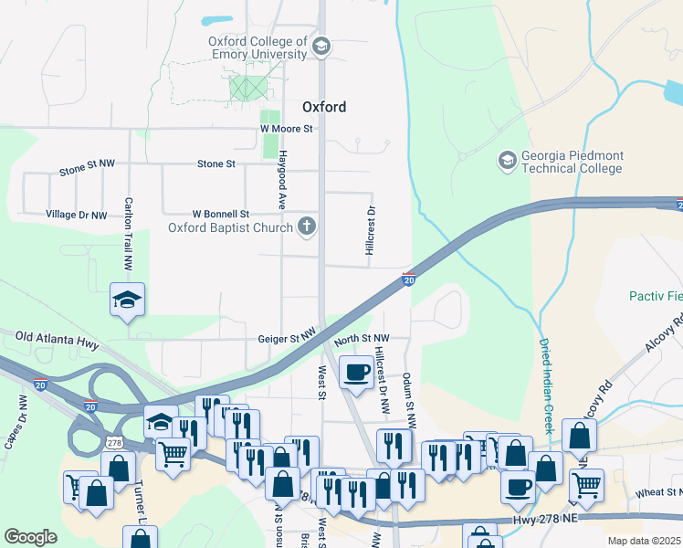 map of restaurants, bars, coffee shops, grocery stores, and more near 106 East Wade Street in Oxford