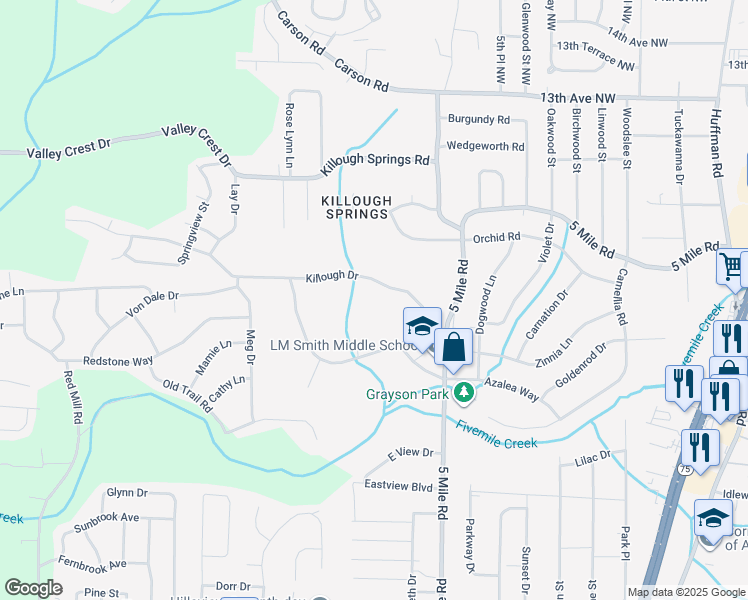 map of restaurants, bars, coffee shops, grocery stores, and more near 341 Killough Drive in Birmingham