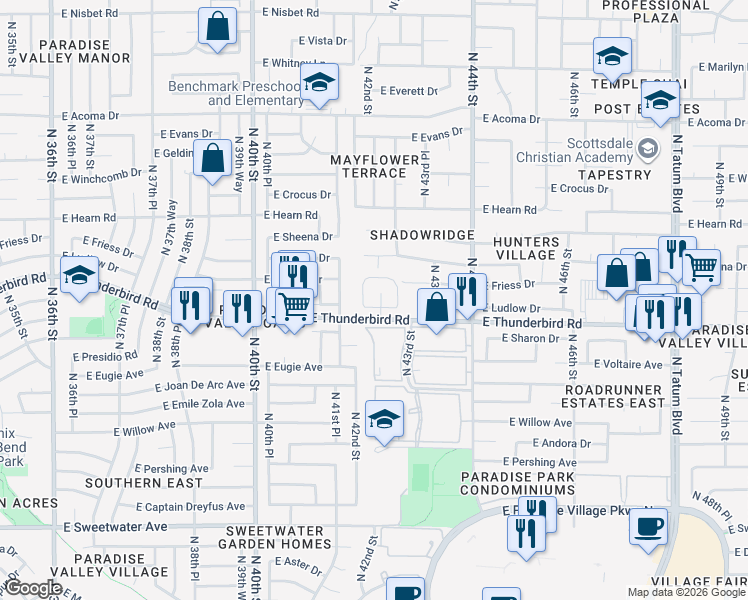 map of restaurants, bars, coffee shops, grocery stores, and more near 4201 East Ludlow Drive in Phoenix