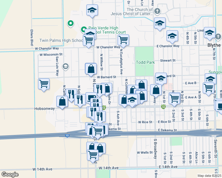 map of restaurants, bars, coffee shops, grocery stores, and more near 200 North Palm Drive in Blythe
