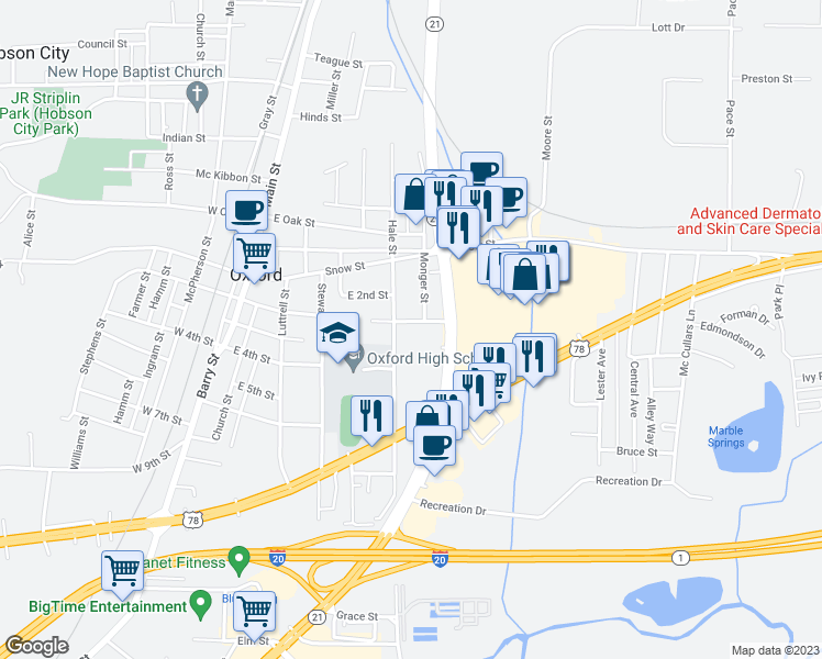 map of restaurants, bars, coffee shops, grocery stores, and more near 410 Dodson Street in Oxford