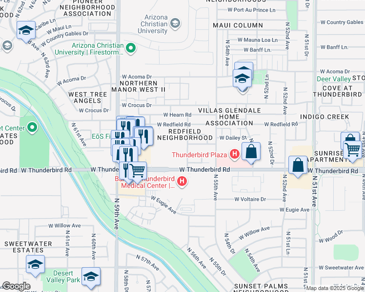 map of restaurants, bars, coffee shops, grocery stores, and more near 5620 West Thunderbird Road in Glendale
