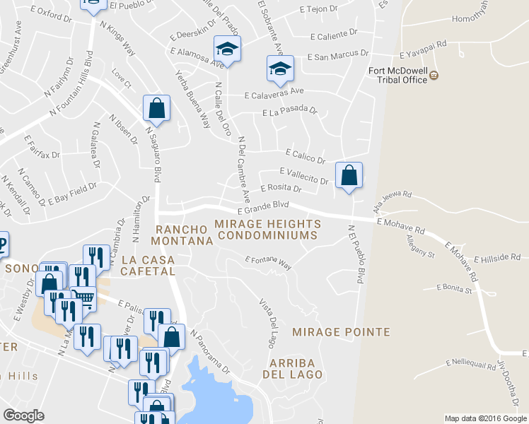 map of restaurants, bars, coffee shops, grocery stores, and more near 17131 East Grande Boulevard in Fountain Hills