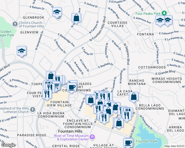 map of restaurants, bars, coffee shops, grocery stores, and more near 16617 East Ashbrook Drive in Fountain Hills