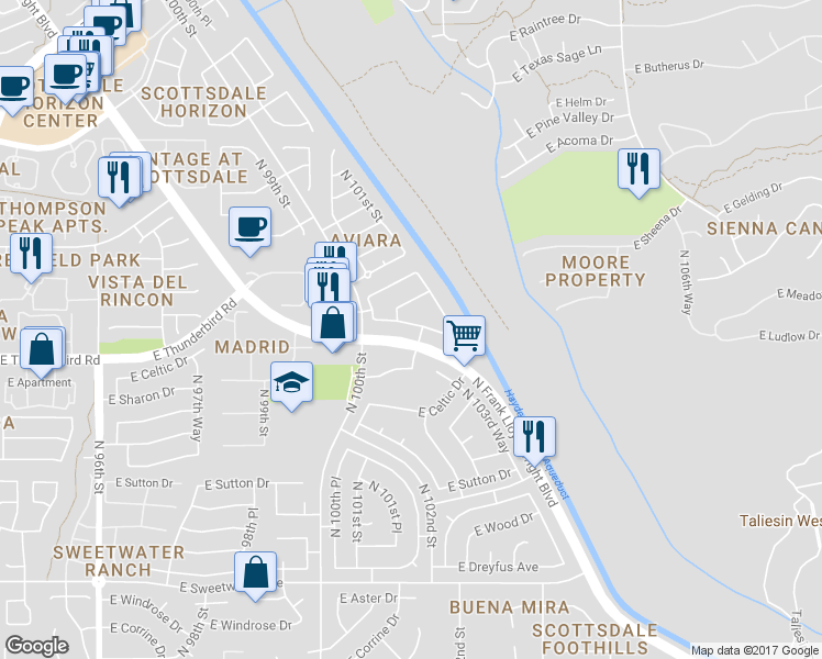 map of restaurants, bars, coffee shops, grocery stores, and more near 10161 East Meadow Hill Drive in Scottsdale