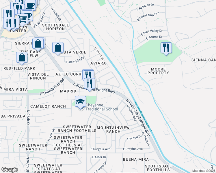 map of restaurants, bars, coffee shops, grocery stores, and more near 10001-10127 East Frank Lloyd Wright Boulevard in Scottsdale