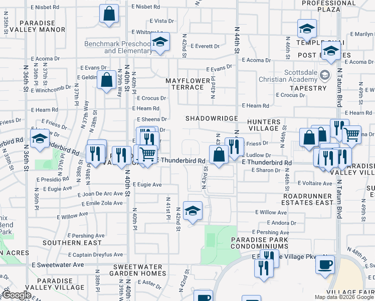 map of restaurants, bars, coffee shops, grocery stores, and more near 4201 East Ludlow Drive in Phoenix