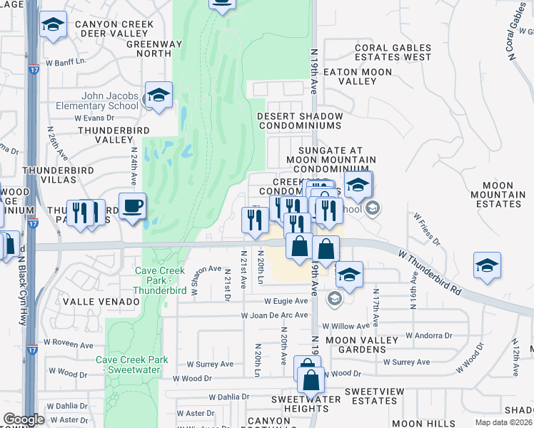 map of restaurants, bars, coffee shops, grocery stores, and more near 1944 West Thunderbird Road in Phoenix
