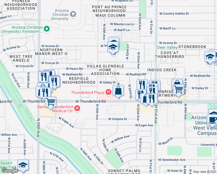map of restaurants, bars, coffee shops, grocery stores, and more near 5401 West Dailey Street in Glendale
