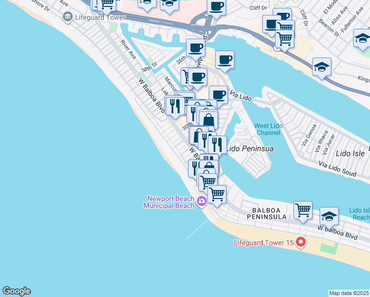 map of restaurants, bars, coffee shops, grocery stores, and more near 106 28th Street in Newport Beach