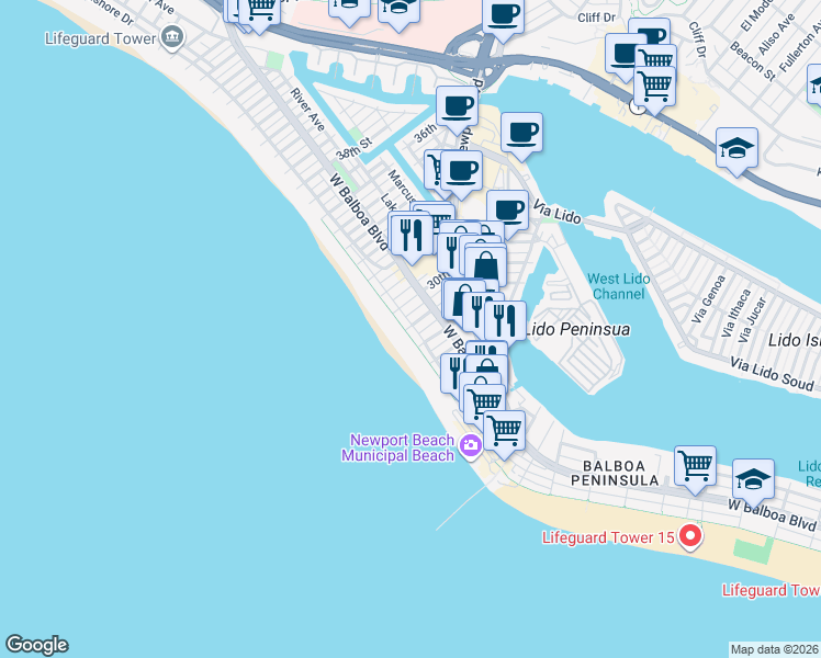 map of restaurants, bars, coffee shops, grocery stores, and more near 106 28th Street in Newport Beach
