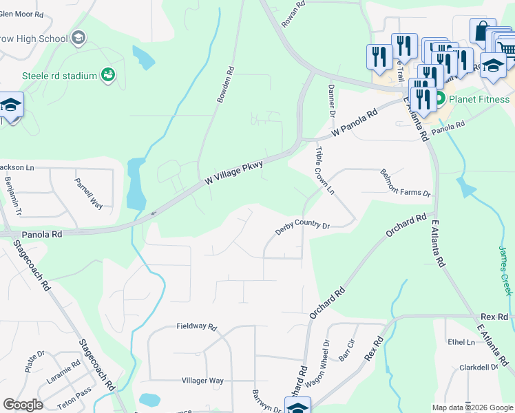 map of restaurants, bars, coffee shops, grocery stores, and more near 400 Roundup Trail in Ellenwood