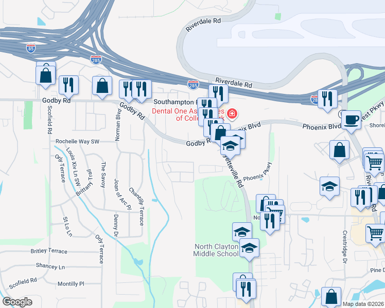 map of restaurants, bars, coffee shops, grocery stores, and more near 1882 Godby Road in Atlanta
