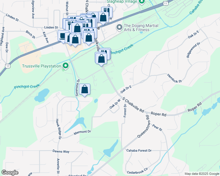 map of restaurants, bars, coffee shops, grocery stores, and more near 6457 South Chalkville Road in Trussville