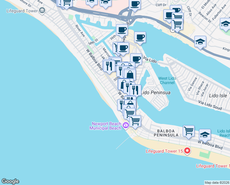 map of restaurants, bars, coffee shops, grocery stores, and more near 119 28th Street in Newport Beach