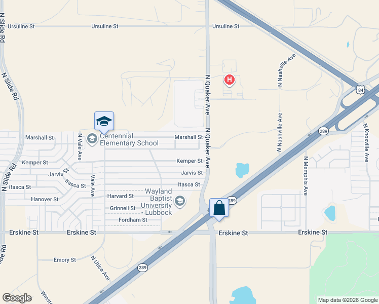 map of restaurants, bars, coffee shops, grocery stores, and more near 4411 Kemper Street in Lubbock