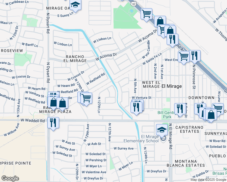 map of restaurants, bars, coffee shops, grocery stores, and more near 12730 West Well Street in El Mirage