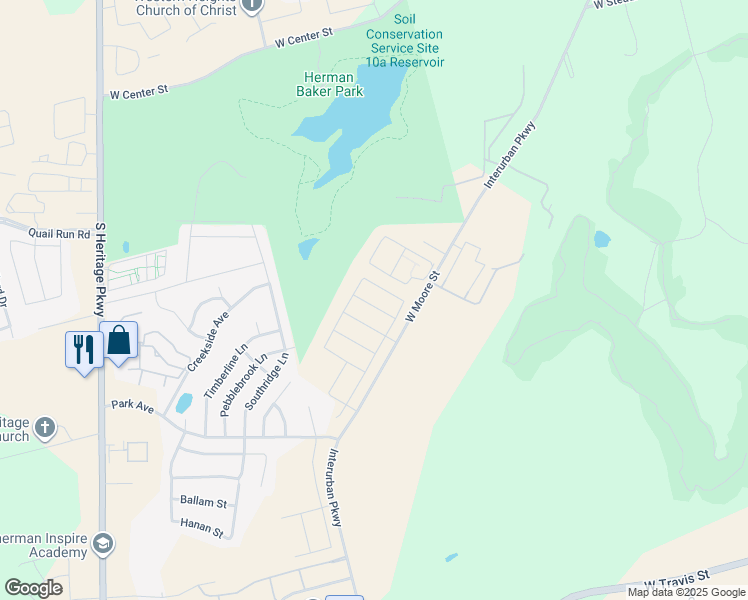 map of restaurants, bars, coffee shops, grocery stores, and more near 2116 West Moore Street in Sherman