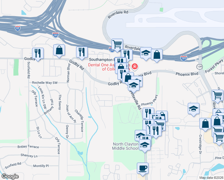 map of restaurants, bars, coffee shops, grocery stores, and more near 1882 Godby Road in Atlanta