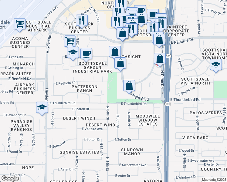 map of restaurants, bars, coffee shops, grocery stores, and more near 8400 East Thunderbird Road in Scottsdale