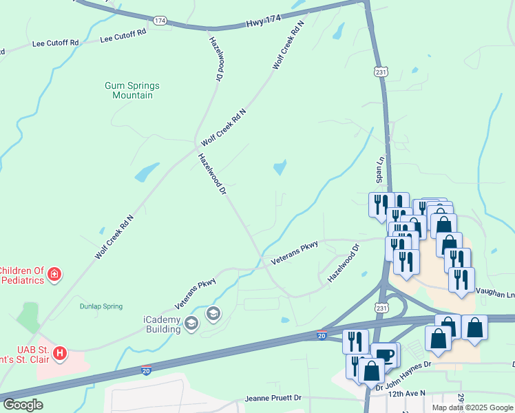 map of restaurants, bars, coffee shops, grocery stores, and more near 125 Crestdale Lane in Pell City