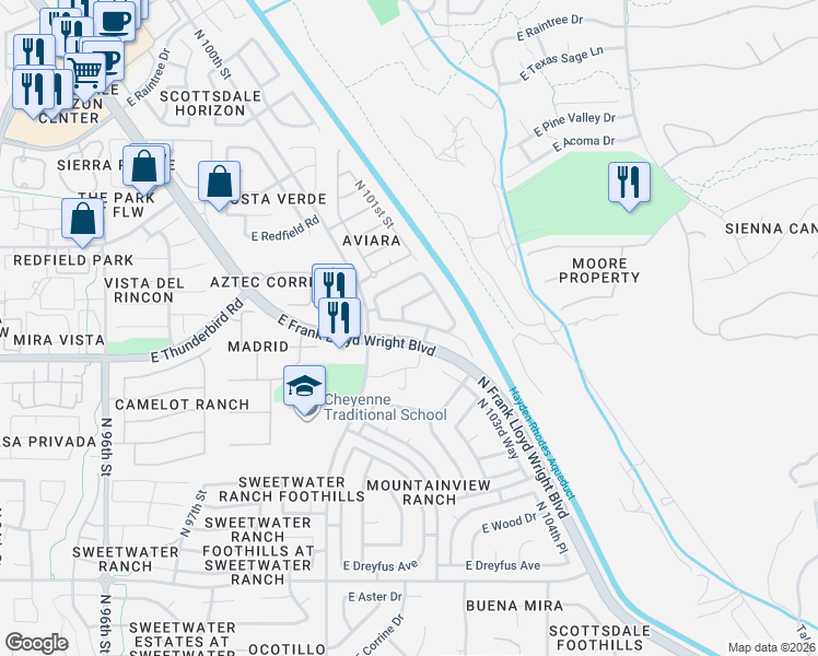 map of restaurants, bars, coffee shops, grocery stores, and more near 13860 North Frank Lloyd Wright Boulevard in Scottsdale