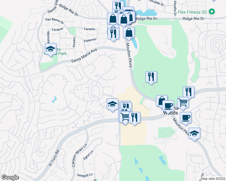 map of restaurants, bars, coffee shops, grocery stores, and more near 3035 Via Vista in Laguna Woods