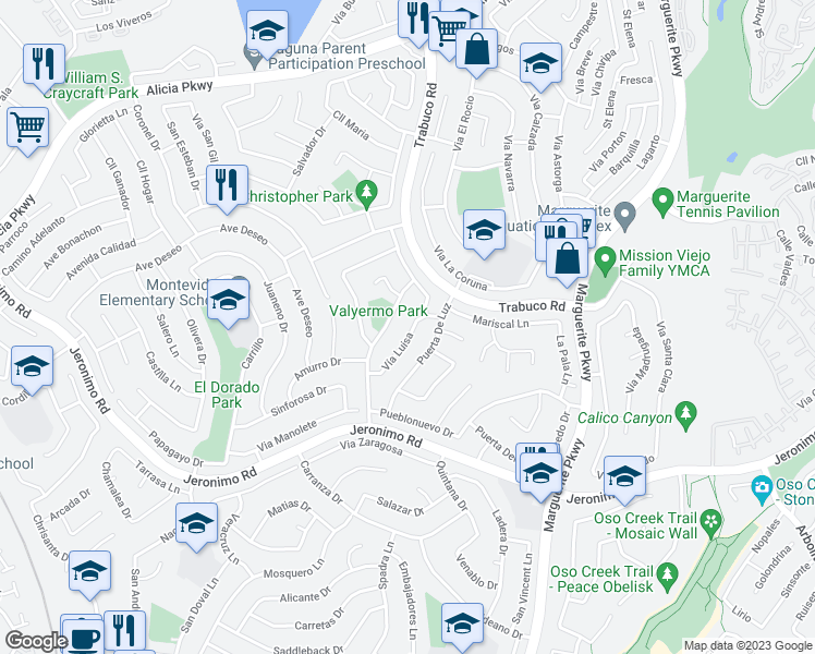 map of restaurants, bars, coffee shops, grocery stores, and more near 24121 Vía Luisa in Mission Viejo