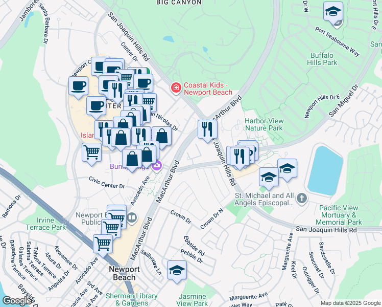 map of restaurants, bars, coffee shops, grocery stores, and more near 6 Harbor Pointe Drive in Newport Beach