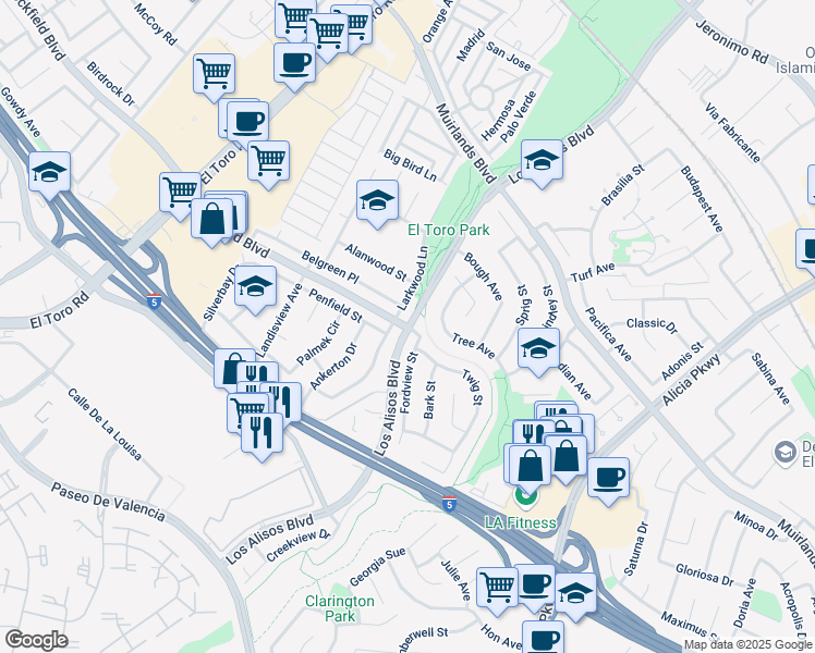 map of restaurants, bars, coffee shops, grocery stores, and more near Los Alisos Blvd & Rockfield Blvd in Lake Forest