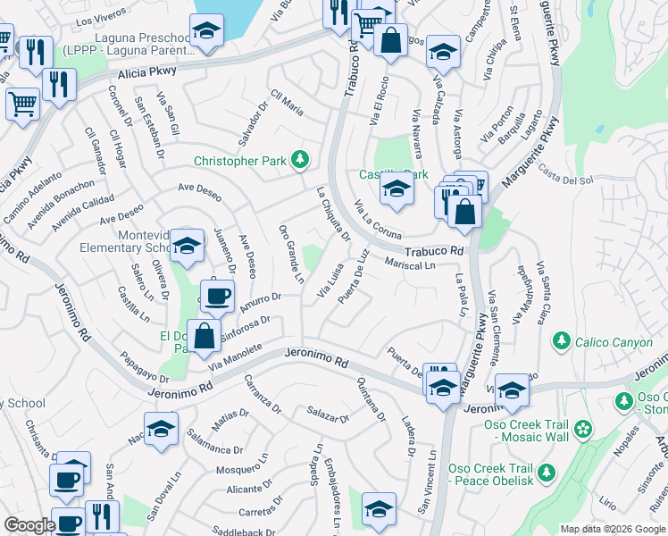 map of restaurants, bars, coffee shops, grocery stores, and more near 24121 Vía Luisa in Mission Viejo