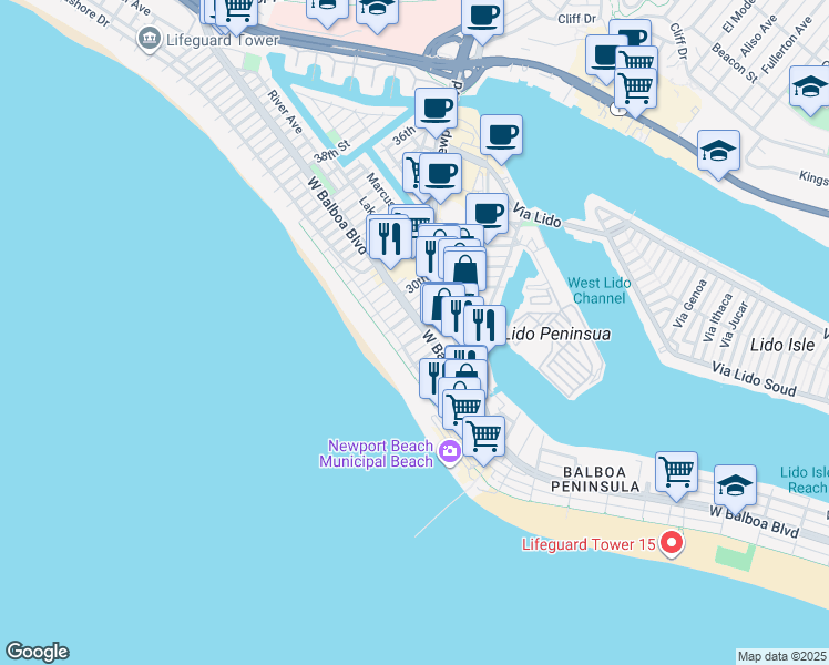 map of restaurants, bars, coffee shops, grocery stores, and more near 123 28th Street in Newport Beach