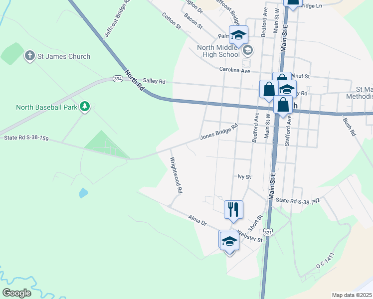 map of restaurants, bars, coffee shops, grocery stores, and more near 134 Lane Morgan Drive in North