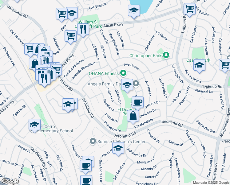 map of restaurants, bars, coffee shops, grocery stores, and more near 24111 Olivera Drive in Mission Viejo